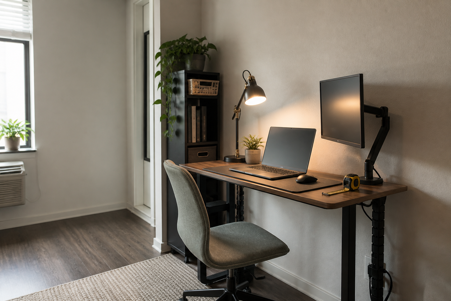 Compact home office with a narrow desk, monitor arm, laptop, task light, vertical storage, and measuring tape